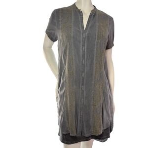 Black Swan Tunic Dress Embroidered Button Front Boho Whimsigoth Grey Gold Large